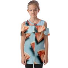 Watermelon Against Blue Surface Pattern Fold Over Open Sleeve Top