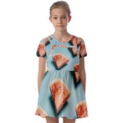 Watermelon Against Blue Surface Pattern Kids  Short Sleeve Pinafore Style Dress