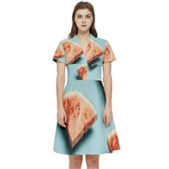 Watermelon Against Blue Surface Pattern Short Sleeve Waist Detail Dress