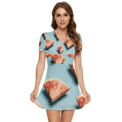 Watermelon Against Blue Surface Pattern V-Neck High Waist Chiffon Mini Dress