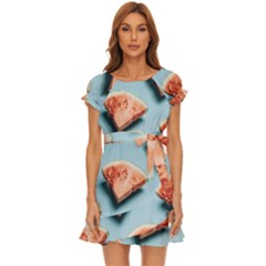 Watermelon Against Blue Surface Pattern Puff Sleeve Frill Dress