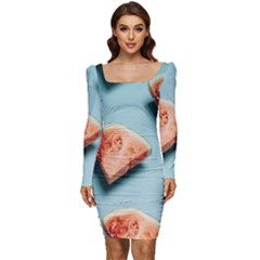 Watermelon Against Blue Surface Pattern Women Long Sleeve Ruched Stretch Jersey Dress