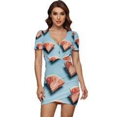 Watermelon Against Blue Surface Pattern Low Cut Cap Sleeve Mini Dress