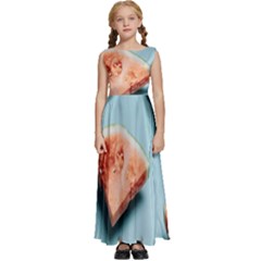 Watermelon Against Blue Surface Pattern Kids  Satin Sleeveless Maxi Dress