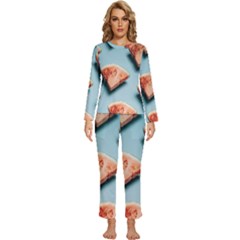 Watermelon Against Blue Surface Pattern Womens  Long Sleeve Lightweight Pajamas Set