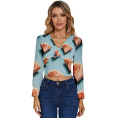Watermelon Against Blue Surface Pattern Long Sleeve V-Neck Top