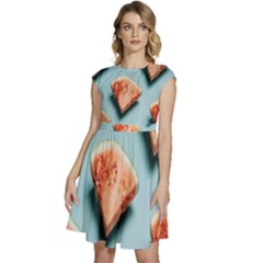 Watermelon Against Blue Surface Pattern Cap Sleeve High Waist Dress