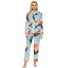 Watermelon Against Blue Surface Pattern Womens  Long Sleeve Velvet Pocket Pajamas Set by artworkshop
