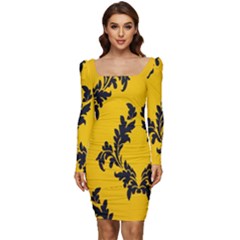 Yellow Regal Filagree Pattern Women Long Sleeve Ruched Stretch Jersey Dress by artworkshop