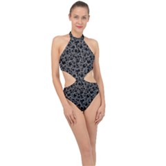 Black And Alien Drawing Motif Pattern Halter Side Cut Swimsuit by dflcprintsclothing