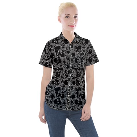 Black And Alien Drawing Motif Pattern Women s Short Sleeve Pocket Shirt by dflcprintsclothing