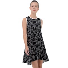 Black And Alien Drawing Motif Pattern Frill Swing Dress by dflcprintsclothing