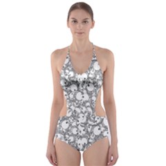 Black And White Alien Drawing Motif Pattern Cut-out One Piece Swimsuit by dflcprintsclothing