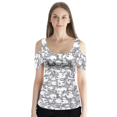 Black And White Alien Drawing Motif Pattern Butterfly Sleeve Cutout Tee  by dflcprintsclothing