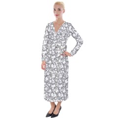 Black And White Alien Drawing Motif Pattern Velvet Maxi Wrap Dress by dflcprintsclothing