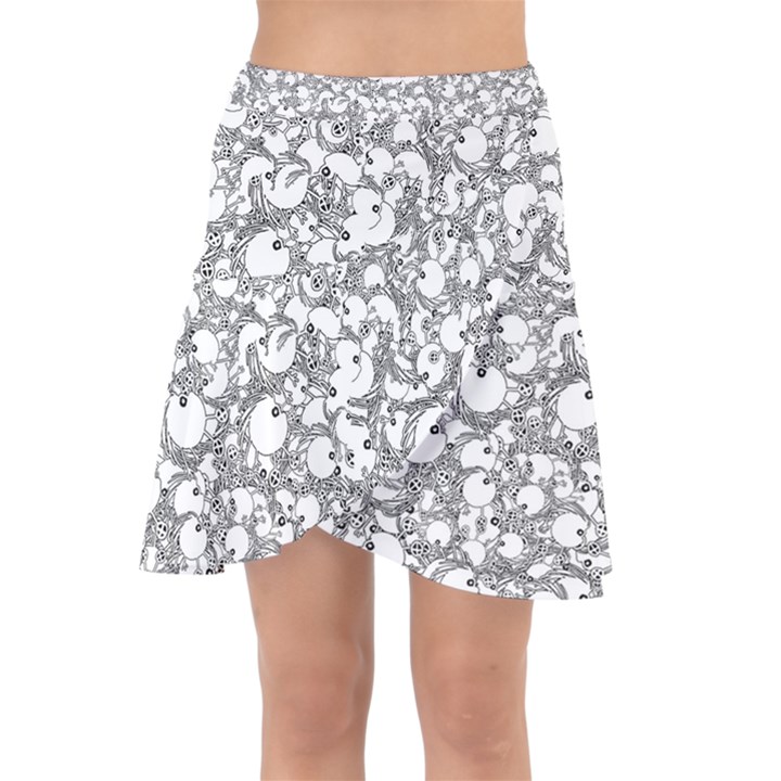 Black And White Alien Drawing Motif Pattern Wrap Front Skirt
