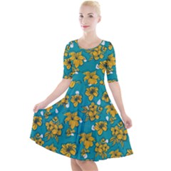 Turquoise And Yellow Floral Quarter Sleeve A-line Dress