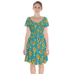 Turquoise And Yellow Floral Short Sleeve Bardot Dress