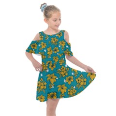 Turquoise And Yellow Floral Kids  Shoulder Cutout Chiffon Dress by fructosebat
