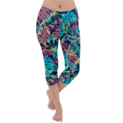 Neon Leaves Lightweight Velour Capri Yoga Leggings by fructosebat