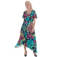 Neon Leaves Cross Front Sharkbite Hem Maxi Dress