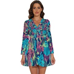 Neon Leaves Long Sleeve V-neck Chiffon Dress  by fructosebat