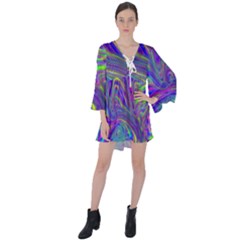 Abstract With Blue V-neck Flare Sleeve Mini Dress by bloomingvinedesign