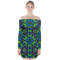 Blue Green Kaleidoscope Long Sleeve Off Shoulder Dress by bloomingvinedesign