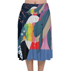 Whale Moon Ocean Digital Art Velvet Flared Midi Skirt by Jancukart