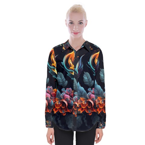 Flowers Flame Abstract Floral Womens Long Sleeve Shirt by Jancukart