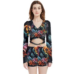 Flowers Flame Abstract Floral Velvet Wrap Crop Top And Shorts Set