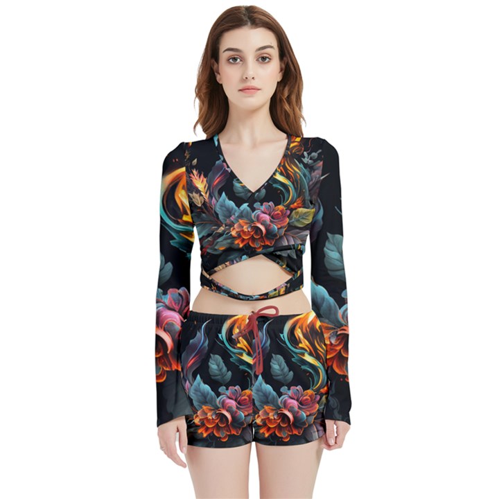 Flowers Flame Abstract Floral Velvet Wrap Crop Top and Shorts Set