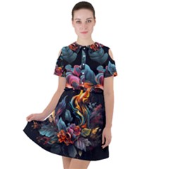 Flowers Flame Abstract Floral Short Sleeve Shoulder Cut Out Dress 