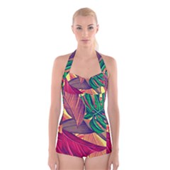 Monstera Tropical Design Beach Boyleg Halter Swimsuit 