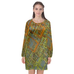 Art 3d Windows Modeling Dimension Long Sleeve Chiffon Shift Dress 