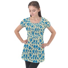 Rose Floral Seamless Pattern Puff Sleeve Tunic Top