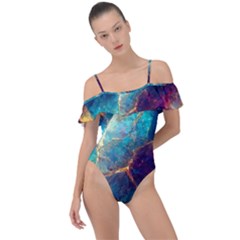 Abstract Galactic Wallpaper Frill Detail One Piece Swimsuit