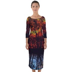 Space Nature Fantasy Trees Quarter Sleeve Midi Bodycon Dress by Ravend