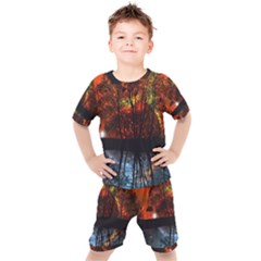 Space Nature Fantasy Trees Kids  Tee And Shorts Set