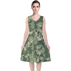 Green Leaves Camouflage V-neck Midi Sleeveless Dress 