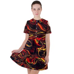 Modern Art Design Fantasy Surreal Orange Short Sleeve Shoulder Cut Out Dress  by Ravend