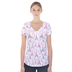 Eiffel Tower Pattern Wallpaper Short Sleeve Front Detail Top by Ravend