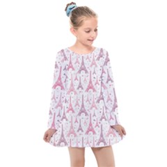 Eiffel Tower Pattern Wallpaper Kids  Long Sleeve Dress by Ravend