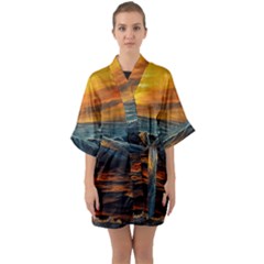 Ocean Sunset Sea Ocean Sunset Half Sleeve Satin Kimono 