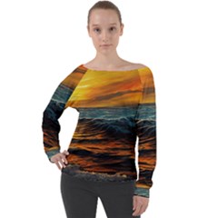 Ocean Sunset Sea Ocean Sunset Off Shoulder Long Sleeve Velour Top