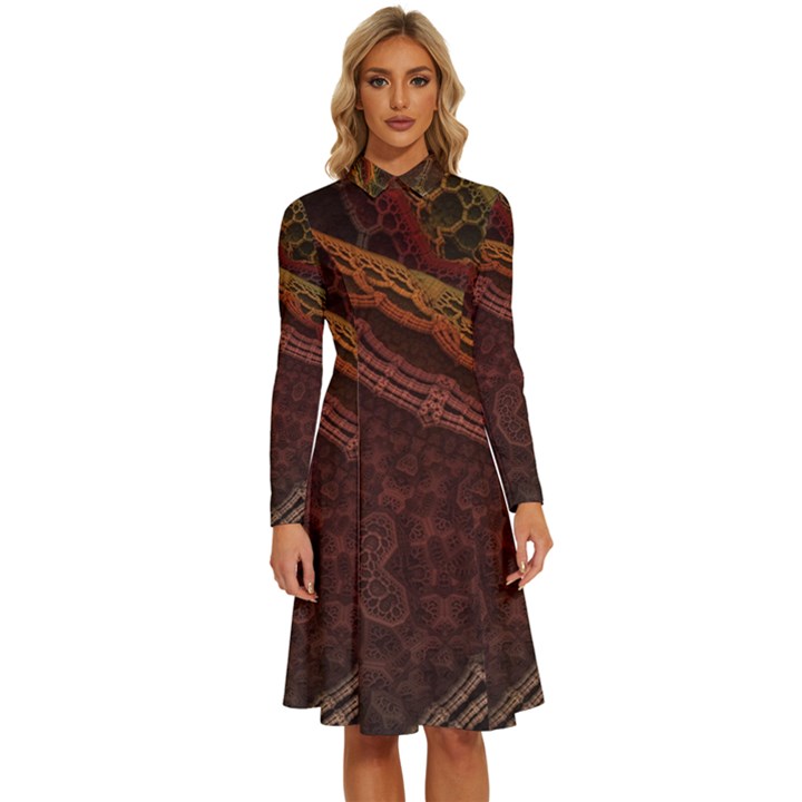 Fractal Pattern Geometric Pattern Long Sleeve Shirt Collar A-Line Dress