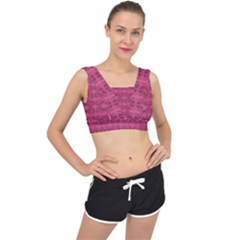 Elegant Pink Floral Geometric Pattern V-back Sports Bra by dflcprintsclothing