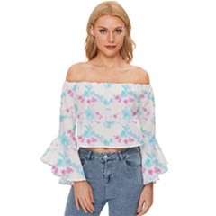 Bat Pattern T- Shirt Bats And Bows Blue Pink T- Shirt Off Shoulder Flutter Bell Sleeve Top by maxcute