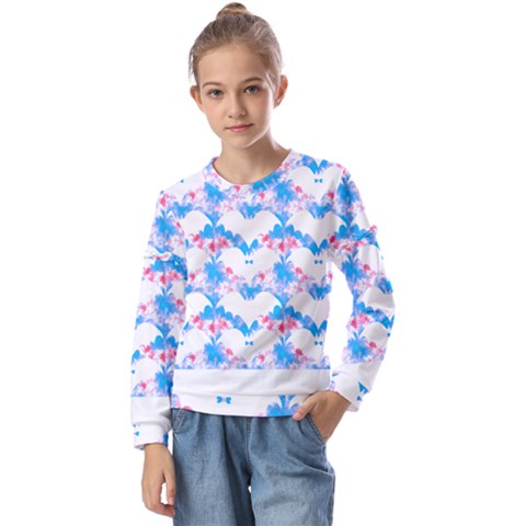 Bats Pattern T- Shirt White Bats And Bows Blue Pink T- Shirt Kids  Long Sleeve Tee With Frill  by maxcute