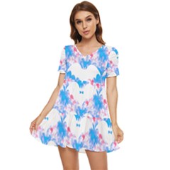 Bats Pattern T- Shirt White Bats And Bows Blue Pink T- Shirt Tiered Short Sleeve Babydoll Dress by maxcute